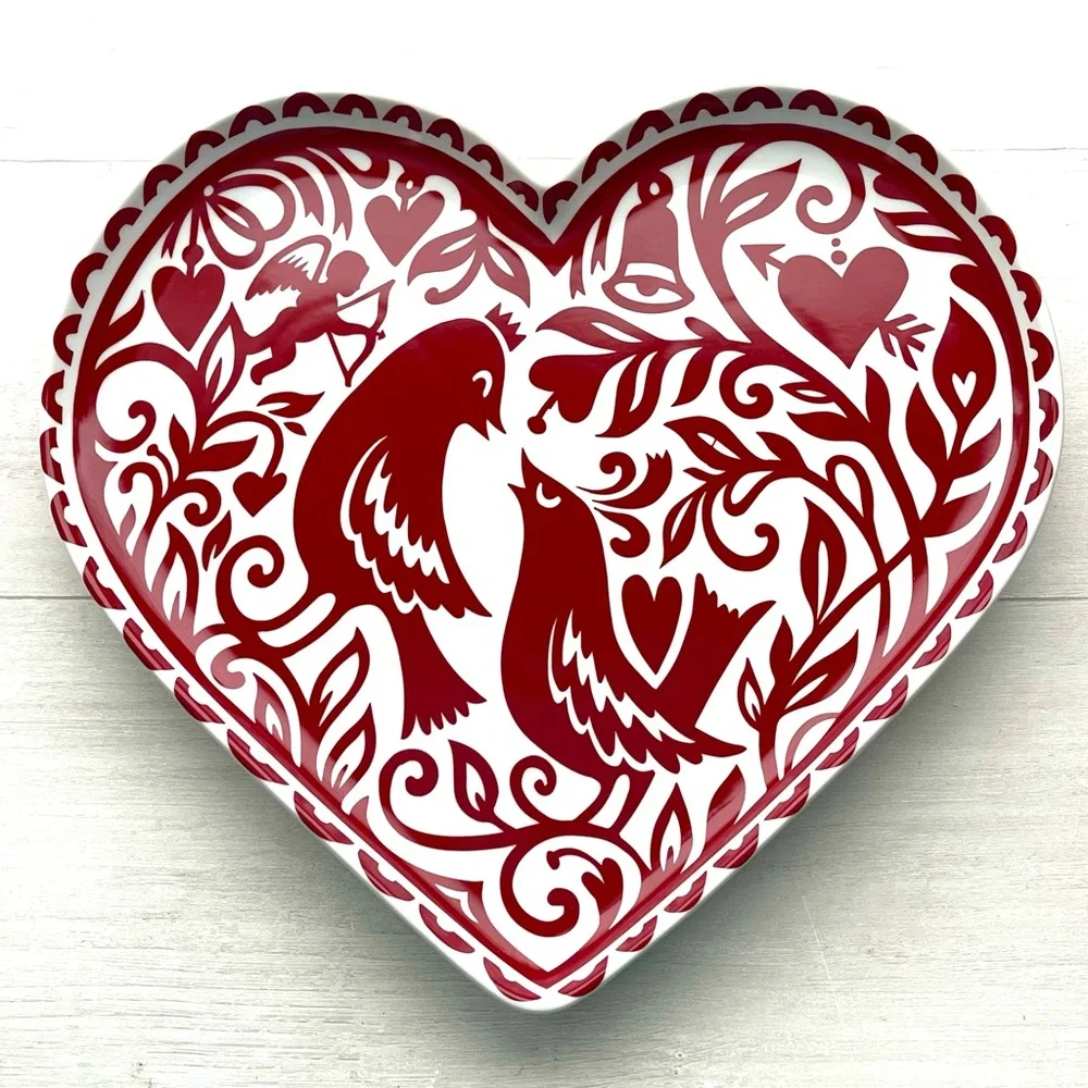 CRATE & BARREL KATE FORRESTER LOVE BIRDS Heart Plate CERAMIC 14” Valentine’s Day